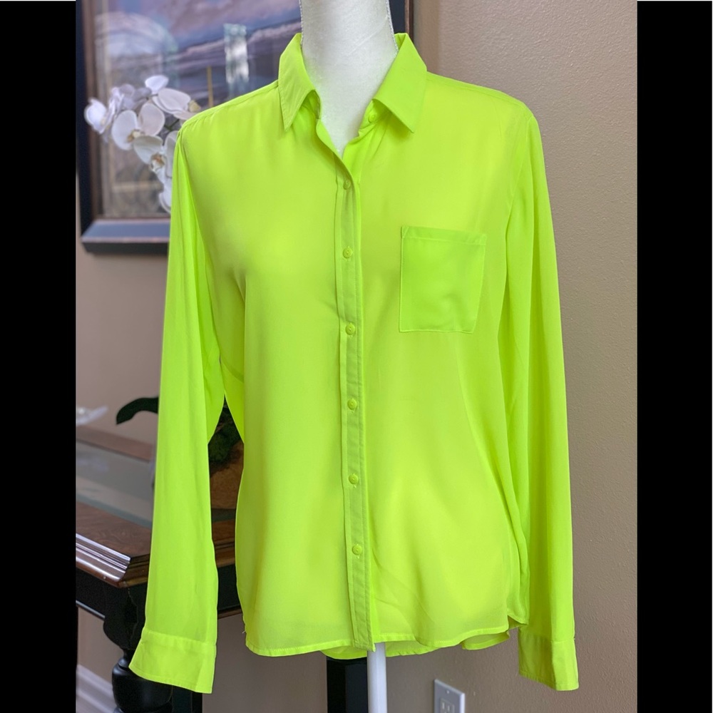 Zac & Rachel Neon Green Button Down Blouse, sz 12